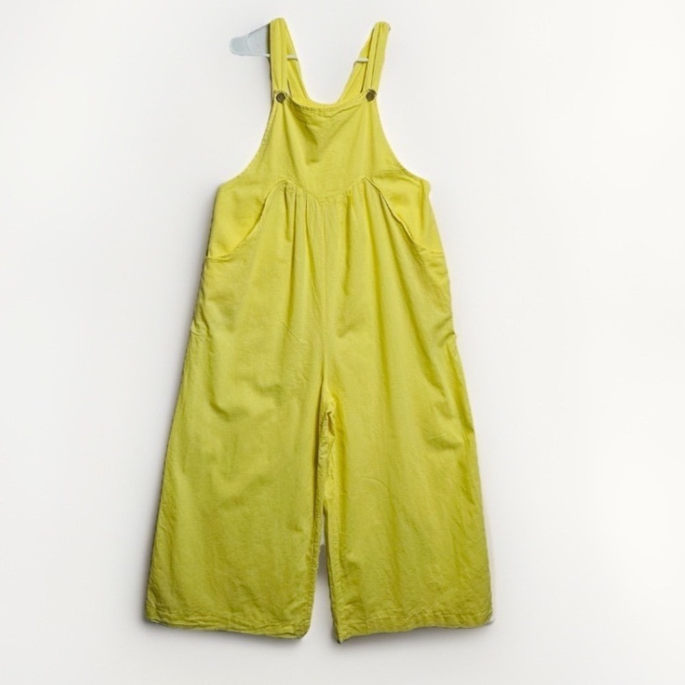 BIBI Overalls Womens M Wide Leg Cotton Linen Yellow Bib Jumpsuit Relaxed Loose - Picture 2 of 10